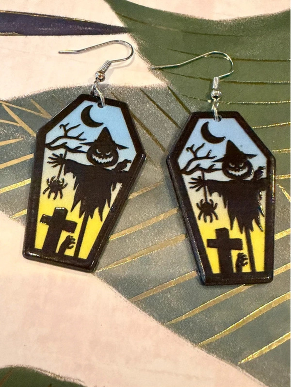 Halloween Scarecrow Coffin Dangle Earrings Spider Graveyard Black Yellow